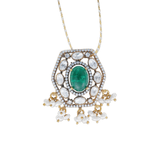 Hexagon Emerald & Pearl Pendant Necklace