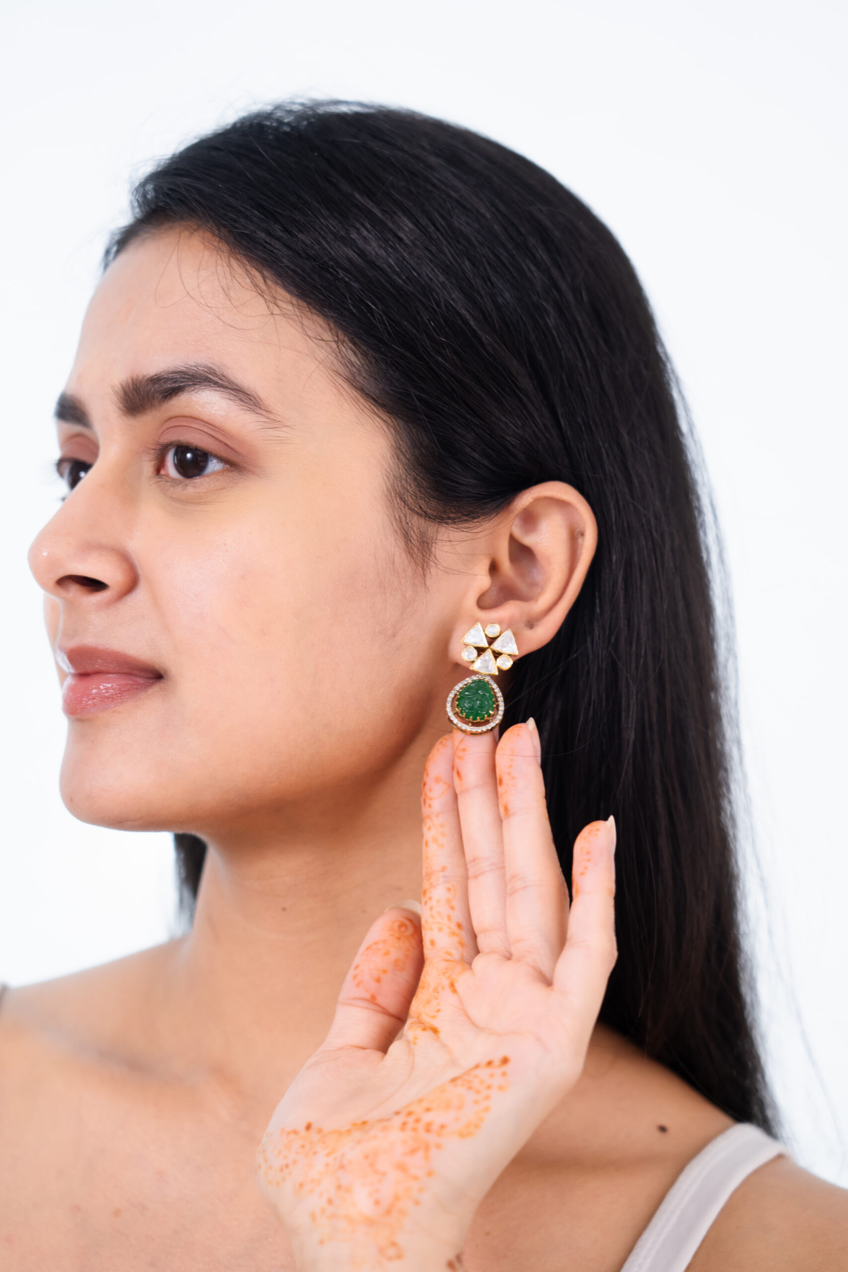 Emerald & Triangular Mozonite Earrings - Image 2