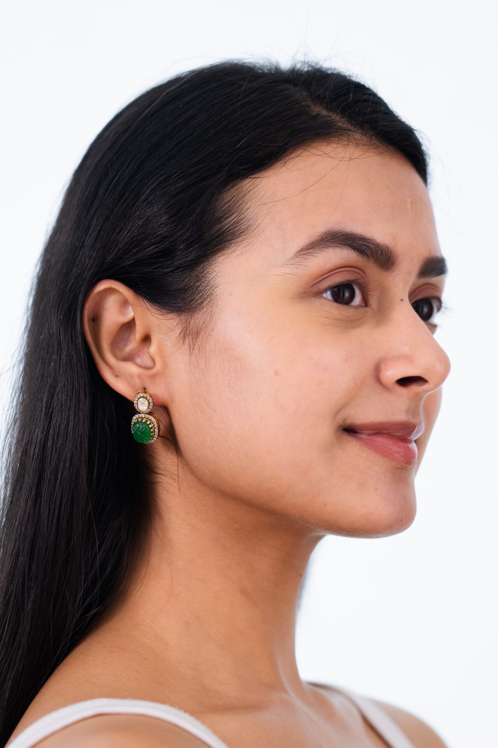 Emerald Carved Stone Silver Stud Danglers - Image 2