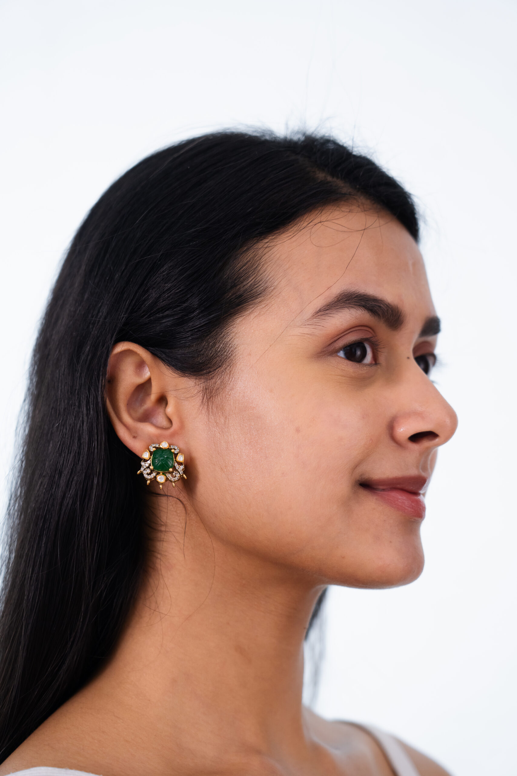 Carved Emerald Vignette Stud Earrings - Image 2
