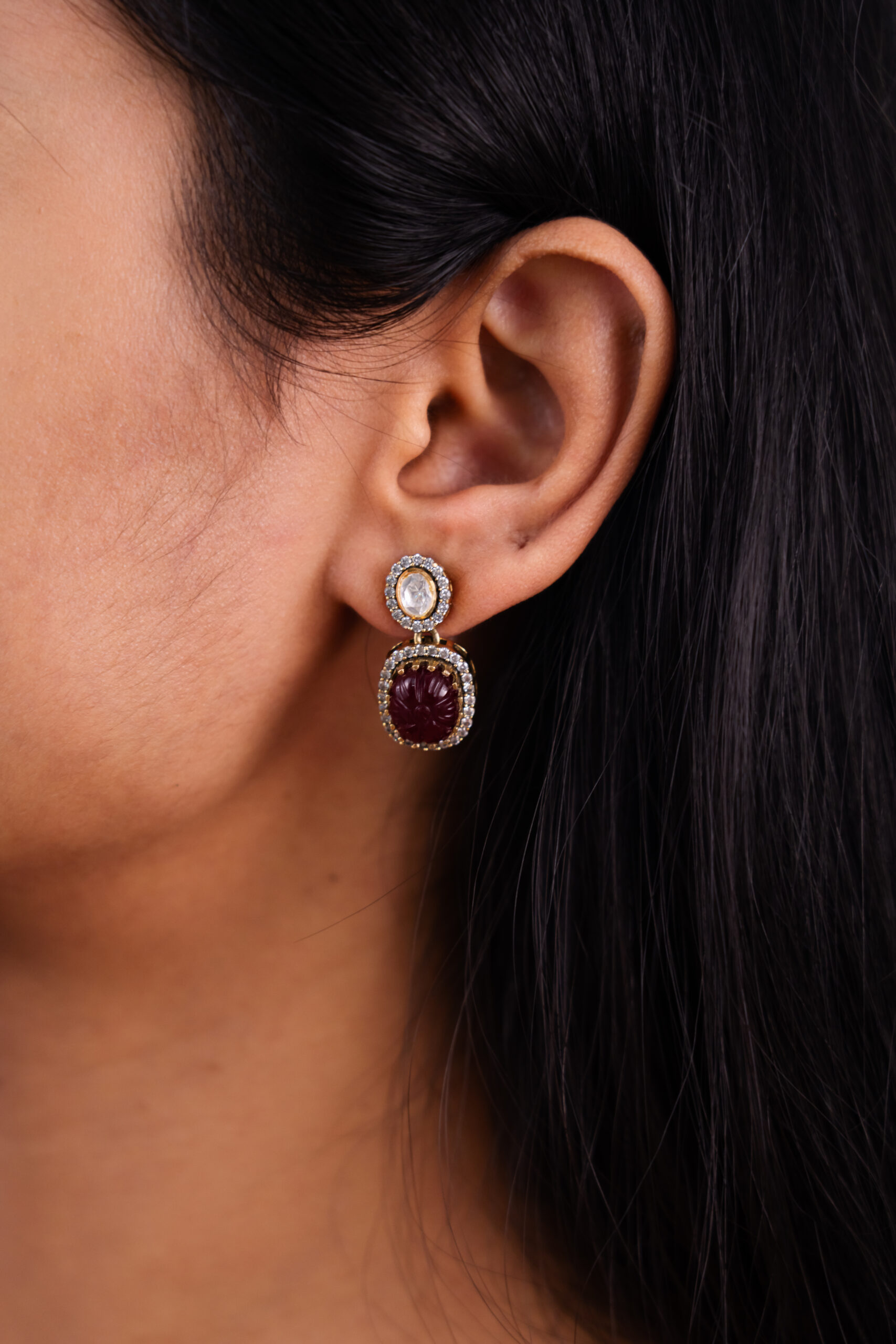 Emerald Carved Stone Silver Stud Danglers - Image 3