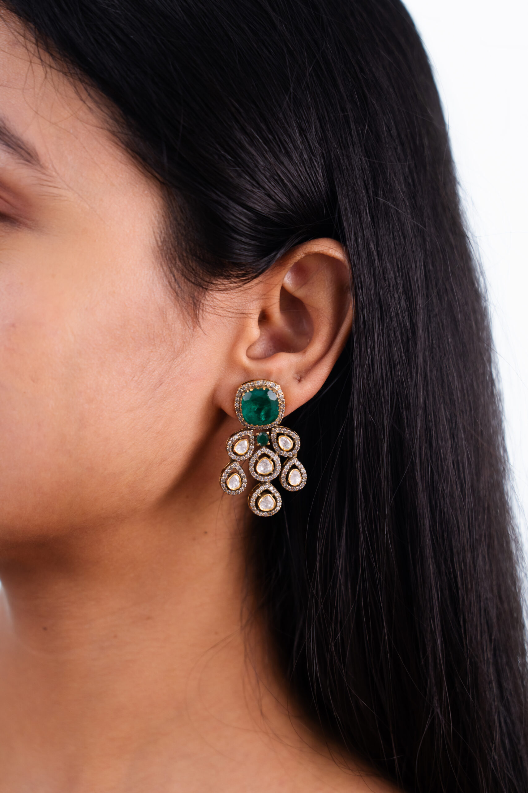 Emerald & Polki Chandelier Earrings - Image 3