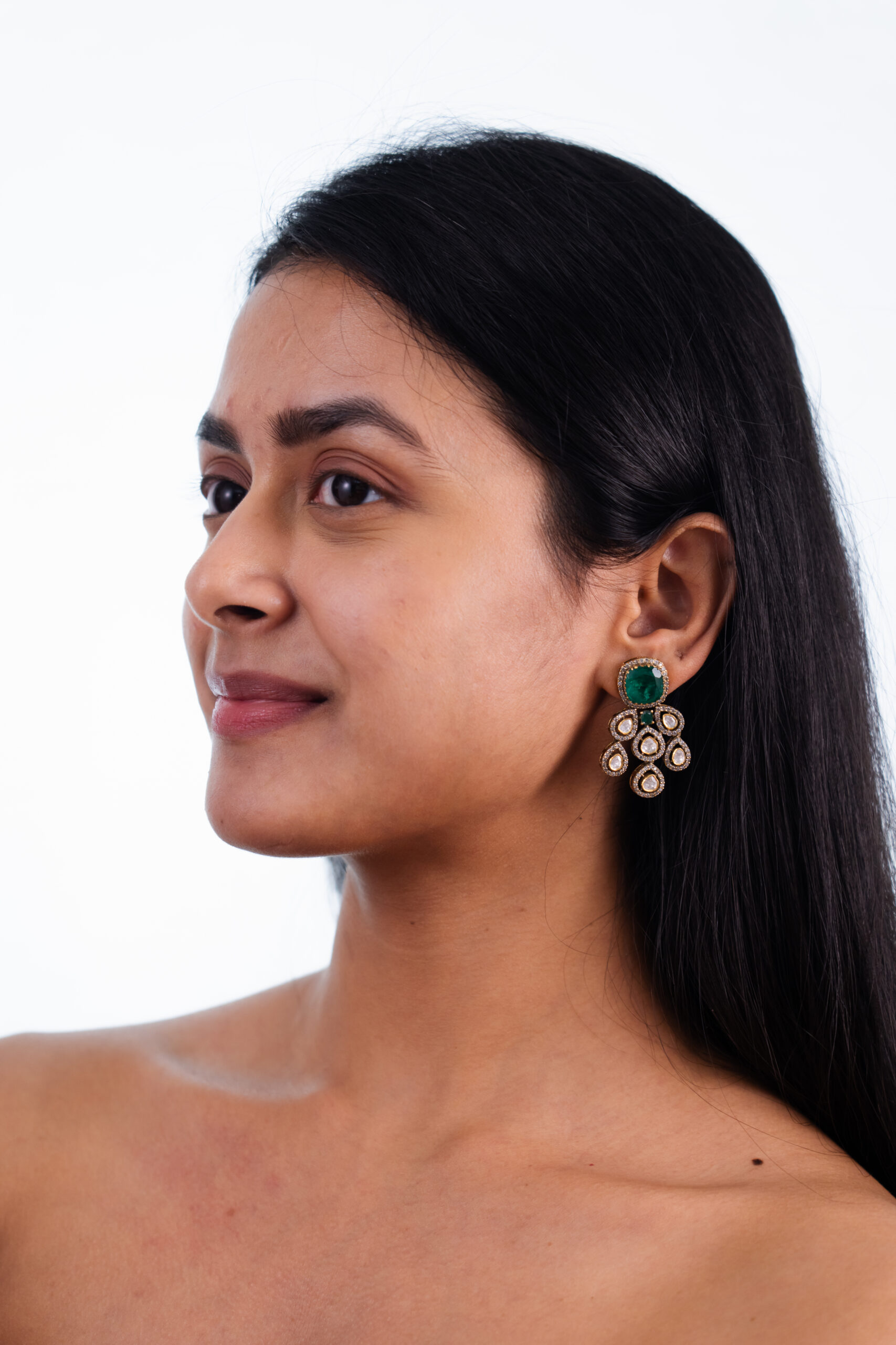 Emerald & Polki Chandelier Earrings - Image 2