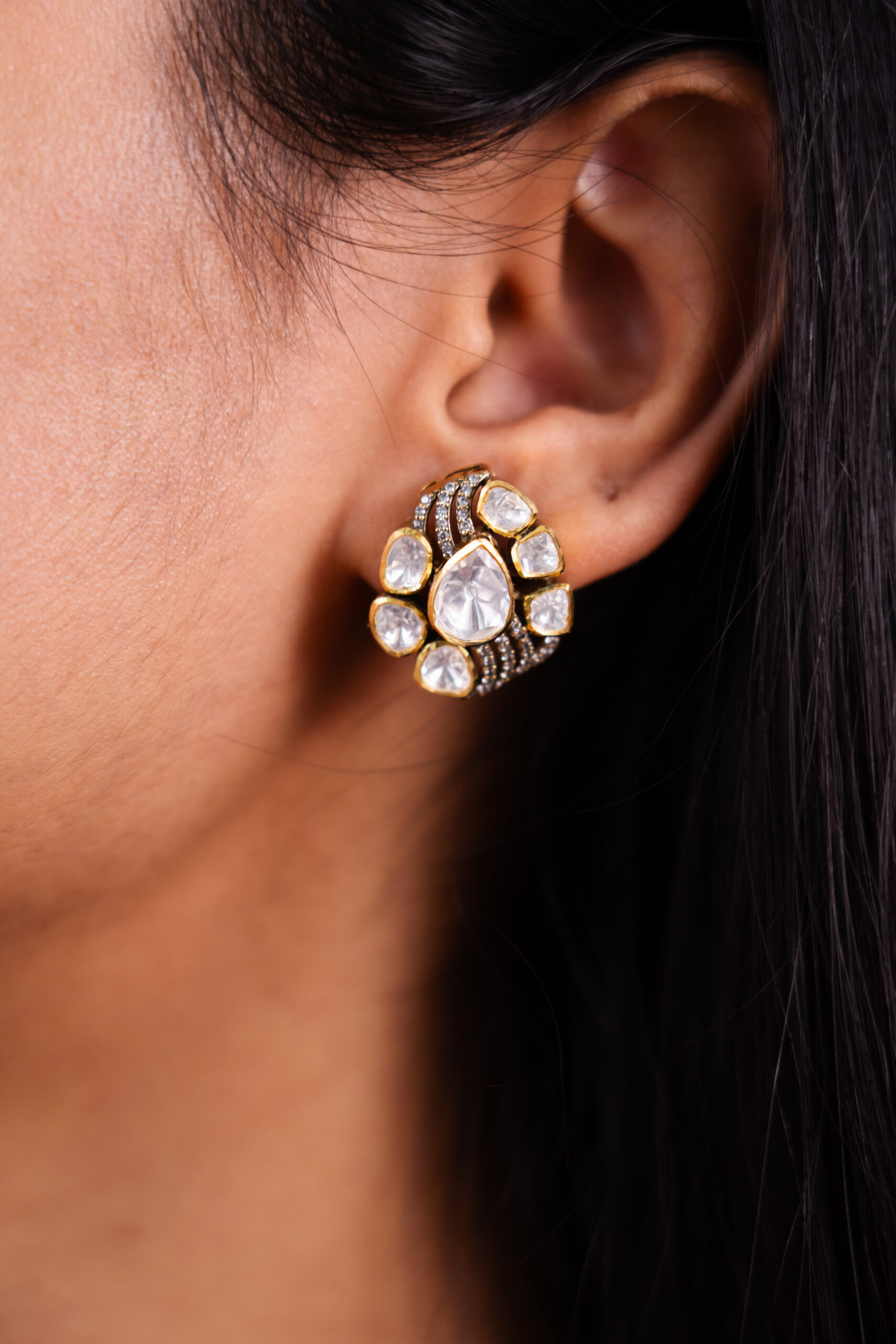 Ornate Polki Diamond Bloom Earrings - Image 3