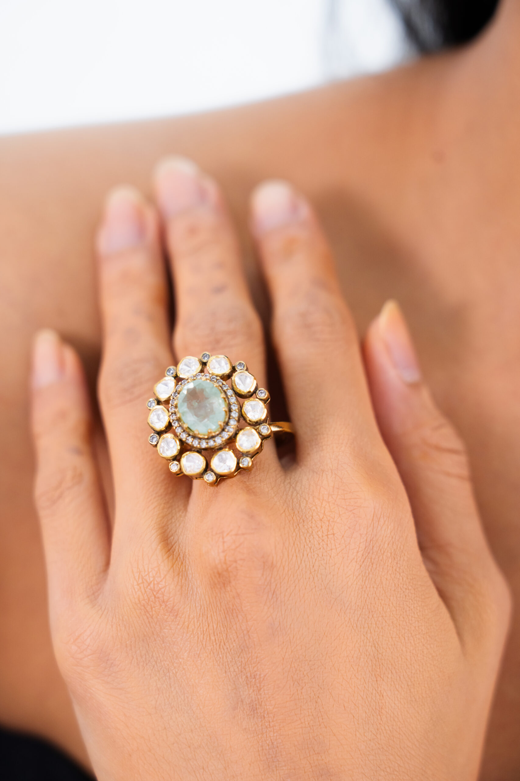 Emerald Halo Mozonite Cocktail Ring - Image 2