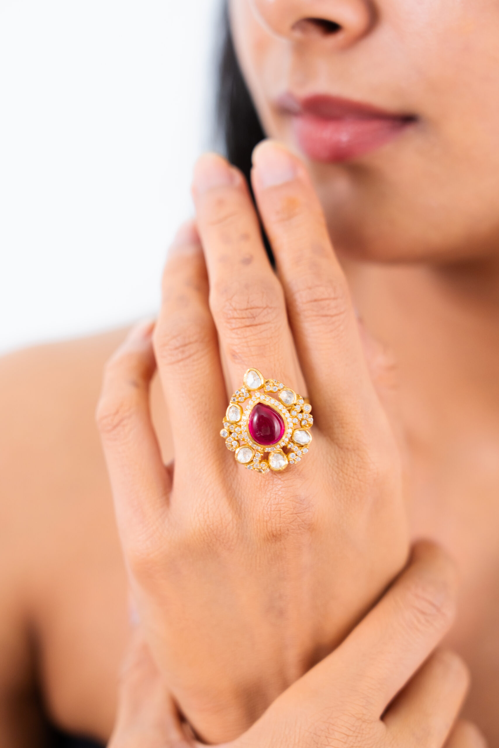 Pink Stone Petal Kundan Gold-Plated Ring - Image 2