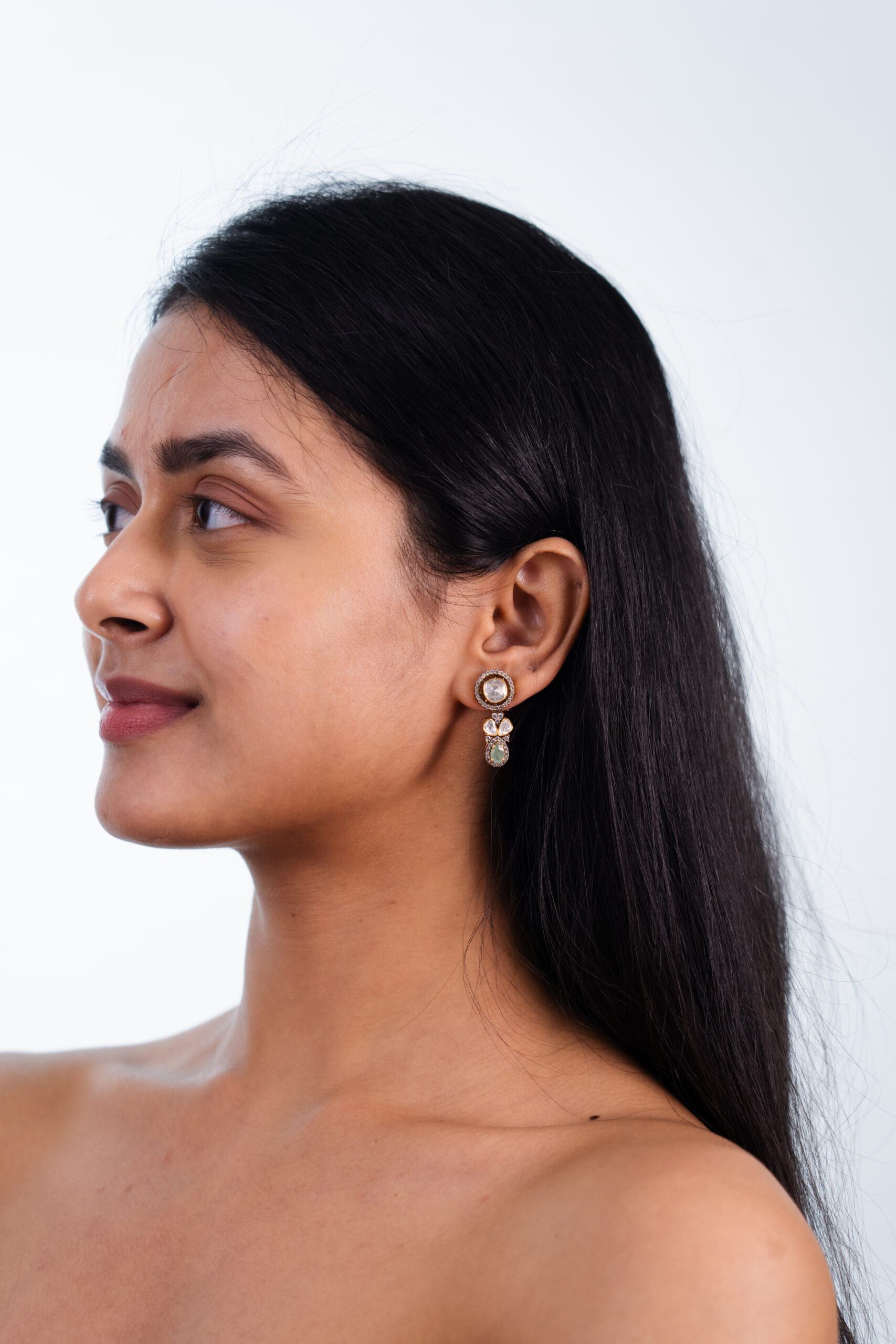 Asymmetrical Mozonite & Emerald Earrings - Image 3