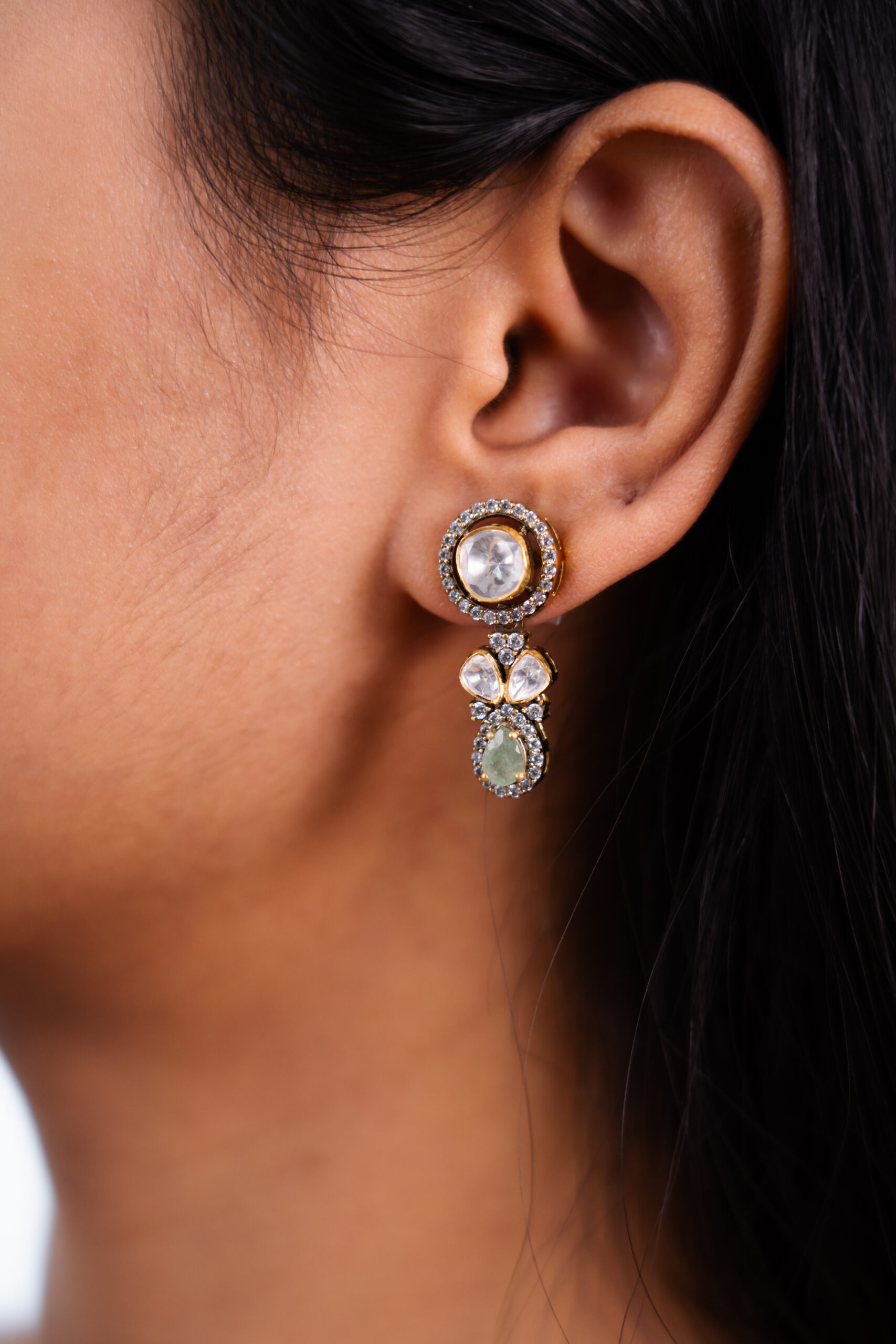 Asymmetrical Mozonite & Emerald Earrings - Image 2