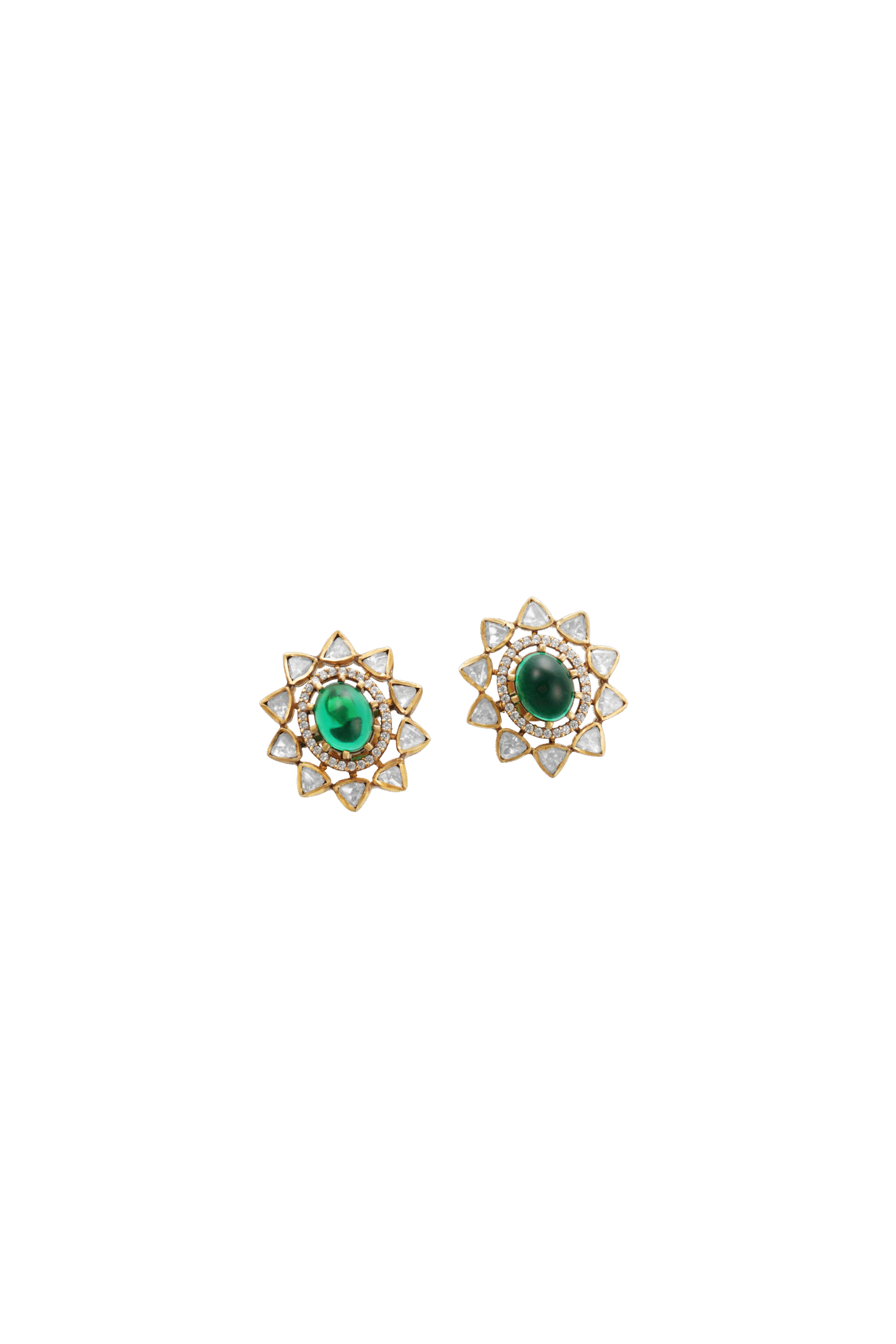 Emerald-Green Stone Floral Stud Earrings in 925 Silver