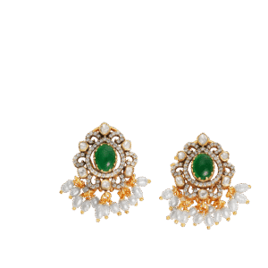 Royal Emerald-Green Stone Pearl Stud Earrings in 925 Silver