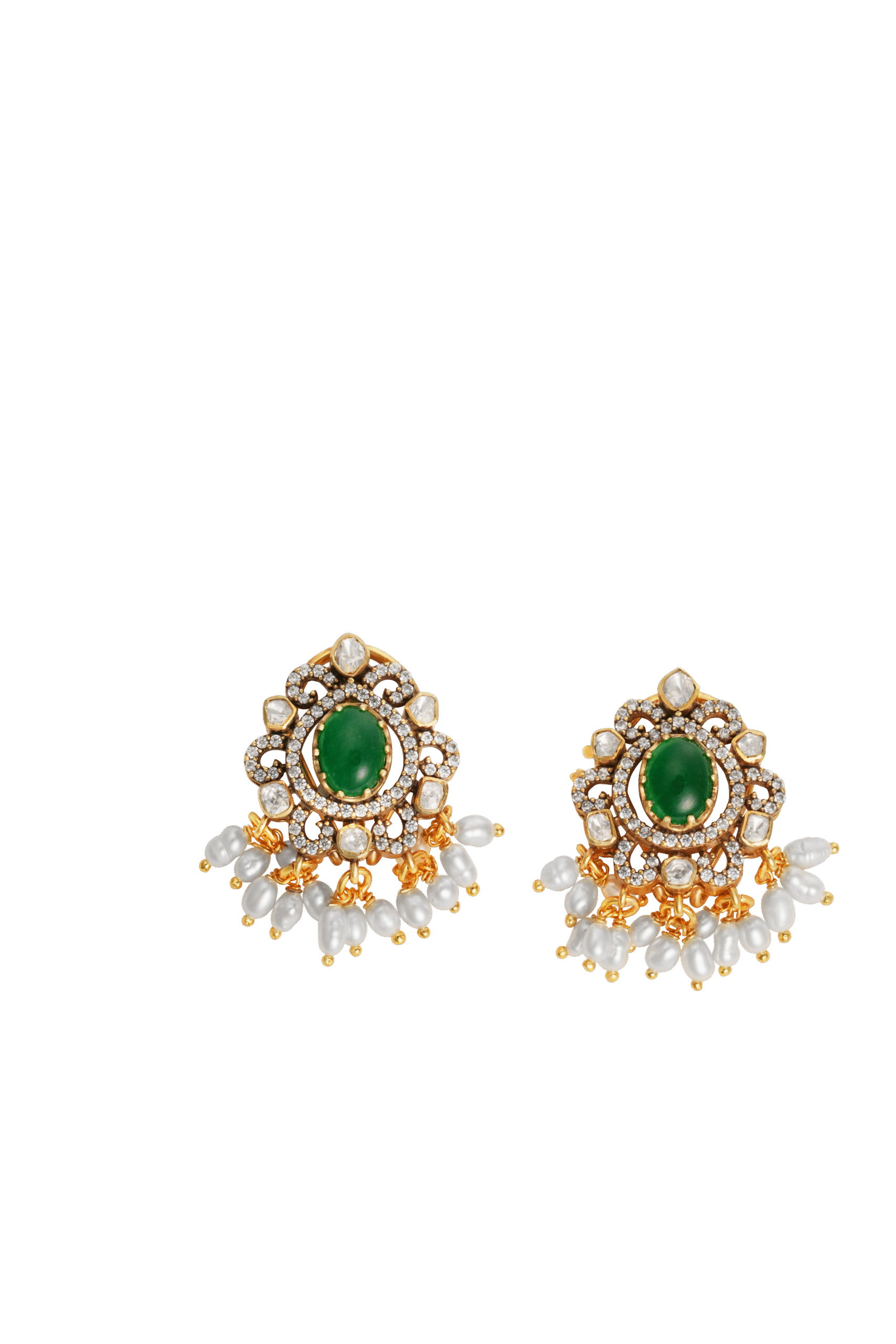 Royal Emerald-Green Stone Pearl Stud Earrings in 925 Silver