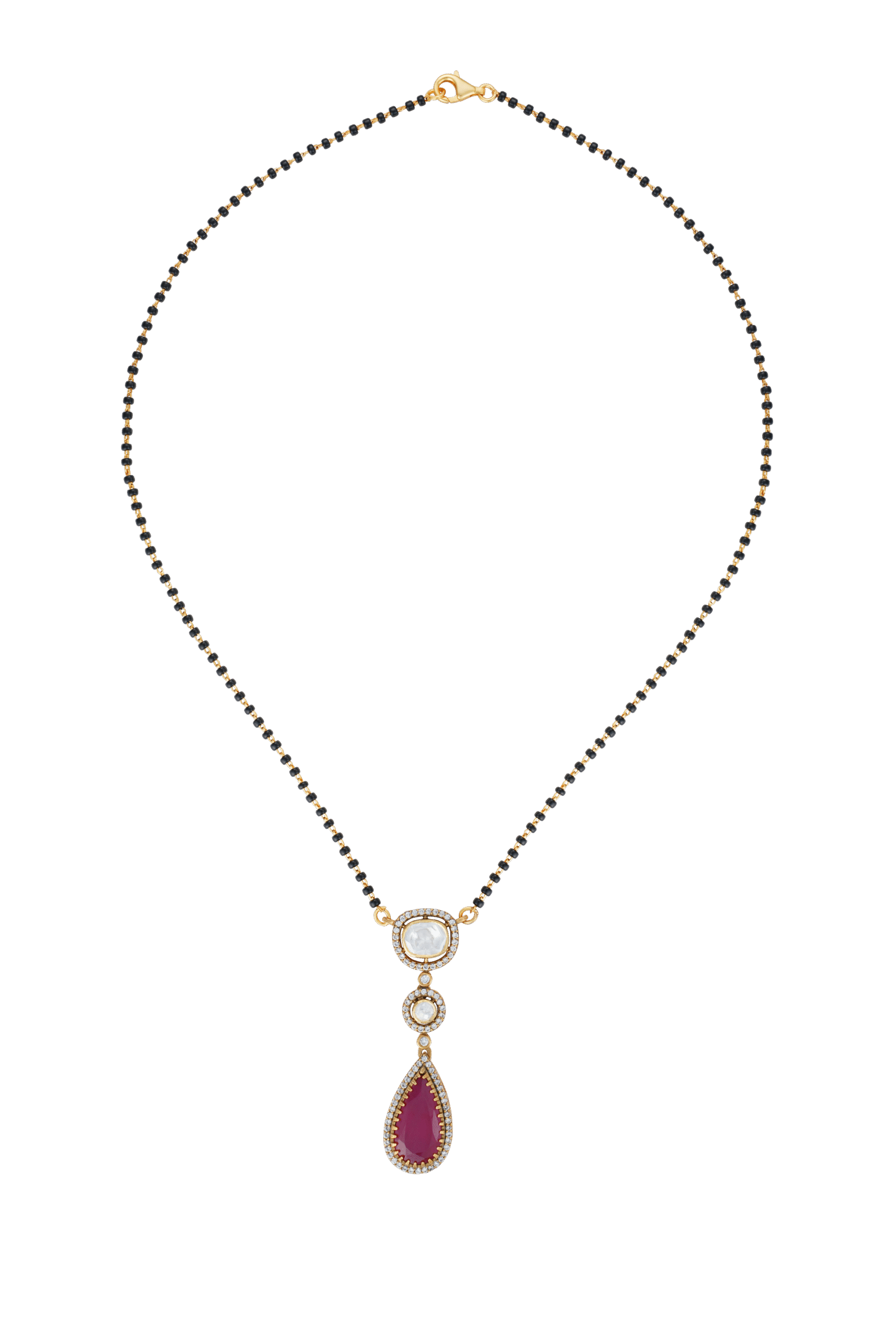 Silver Moissanite CZ Black Beads Necklace with Semi-Precious Colorstone Drop