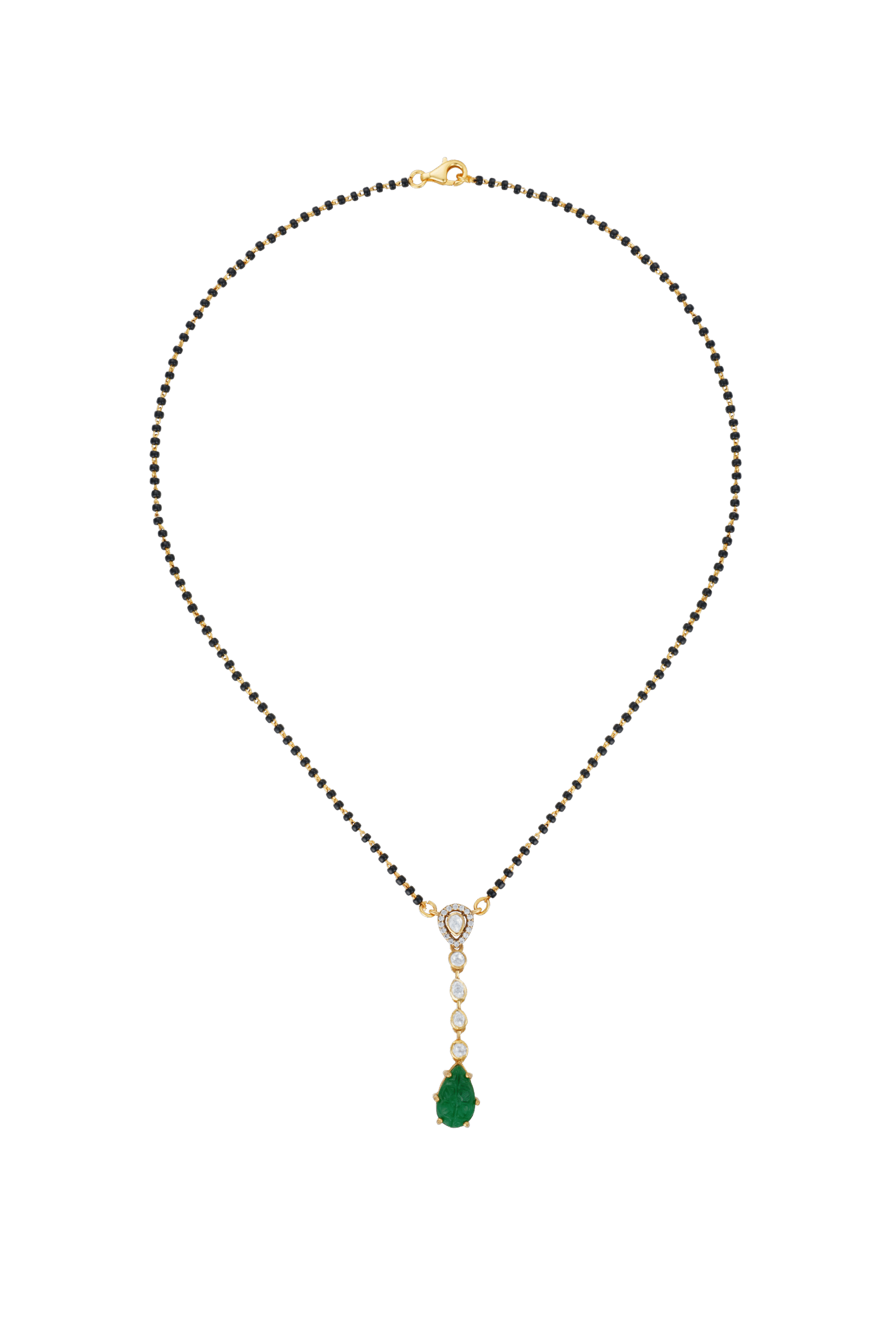 Silver Black Bead Necklace with Moissanite, CZ & Green Semi-Precious Drop Pendan