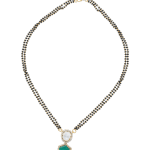 Silver Moissanite CZ Black Beads Necklace with Green Semi-Precious Colorstone