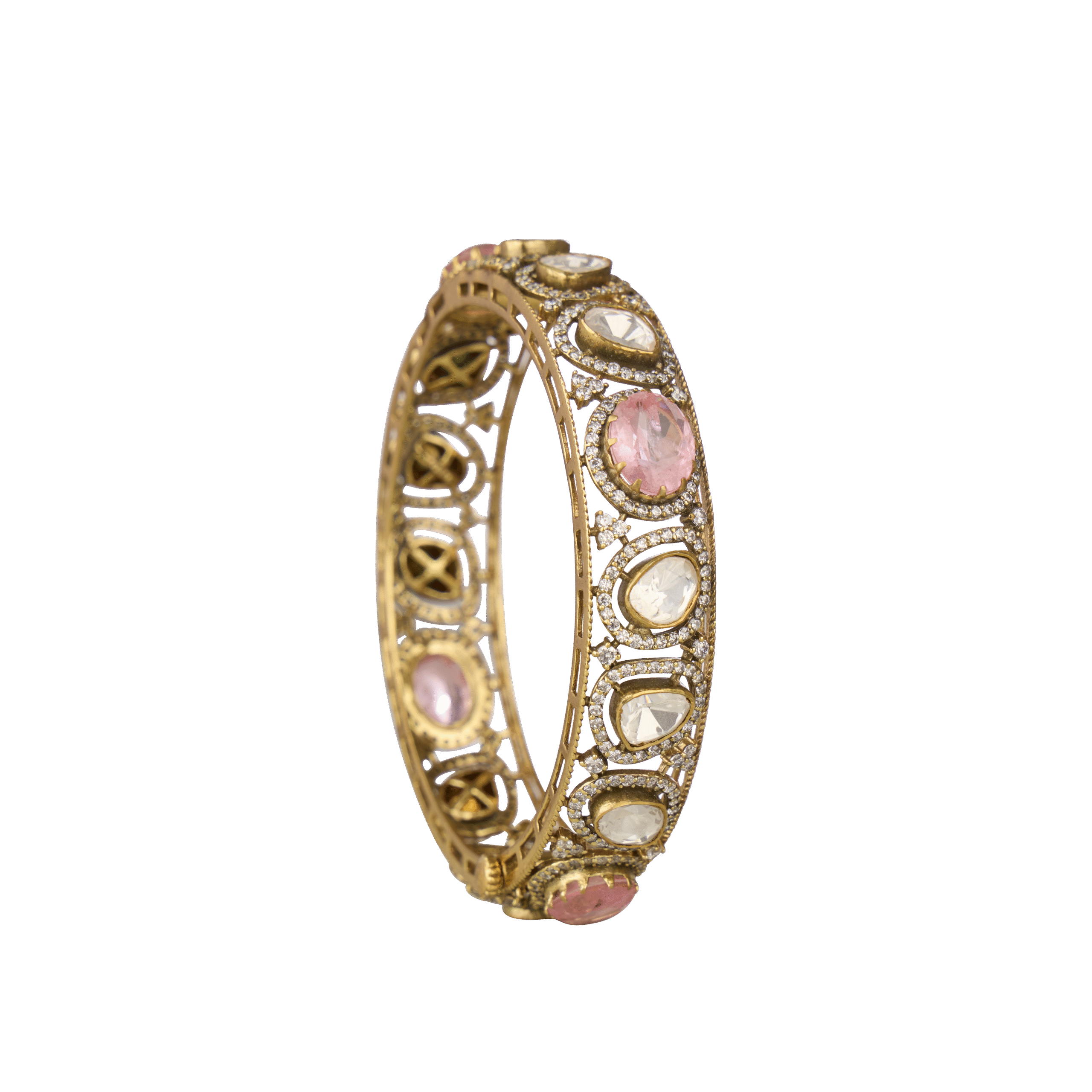 Elegant Silver Moissanite & Pink Stone Bangle