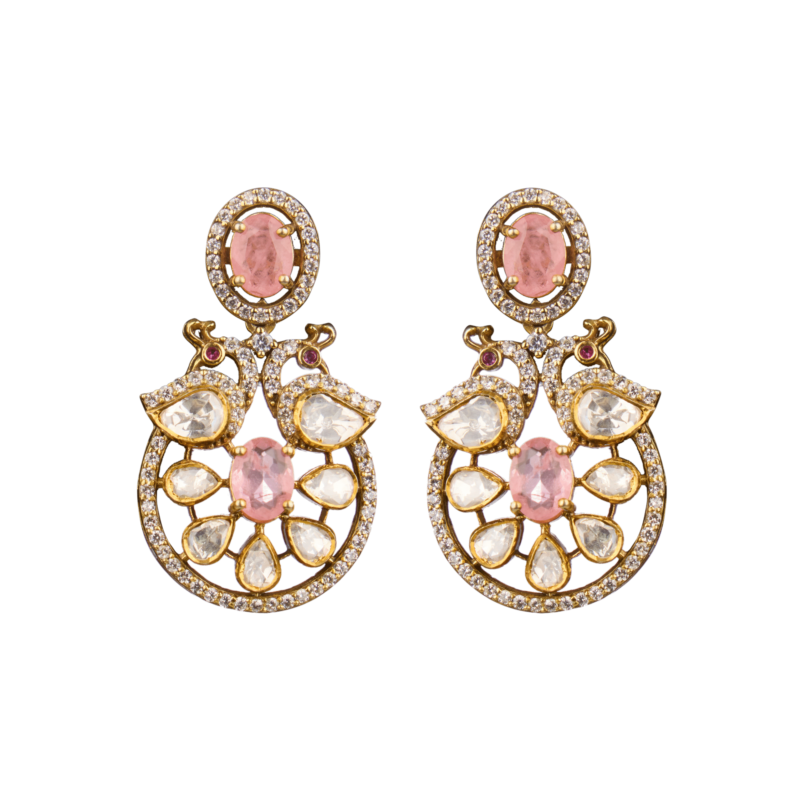 925 Silver Peacock Drop Earrings with Moissanite, CZ & Pink Colour Stones