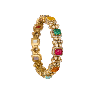 Navratna Carved Stone Bangle in Gold-Plated Silver
