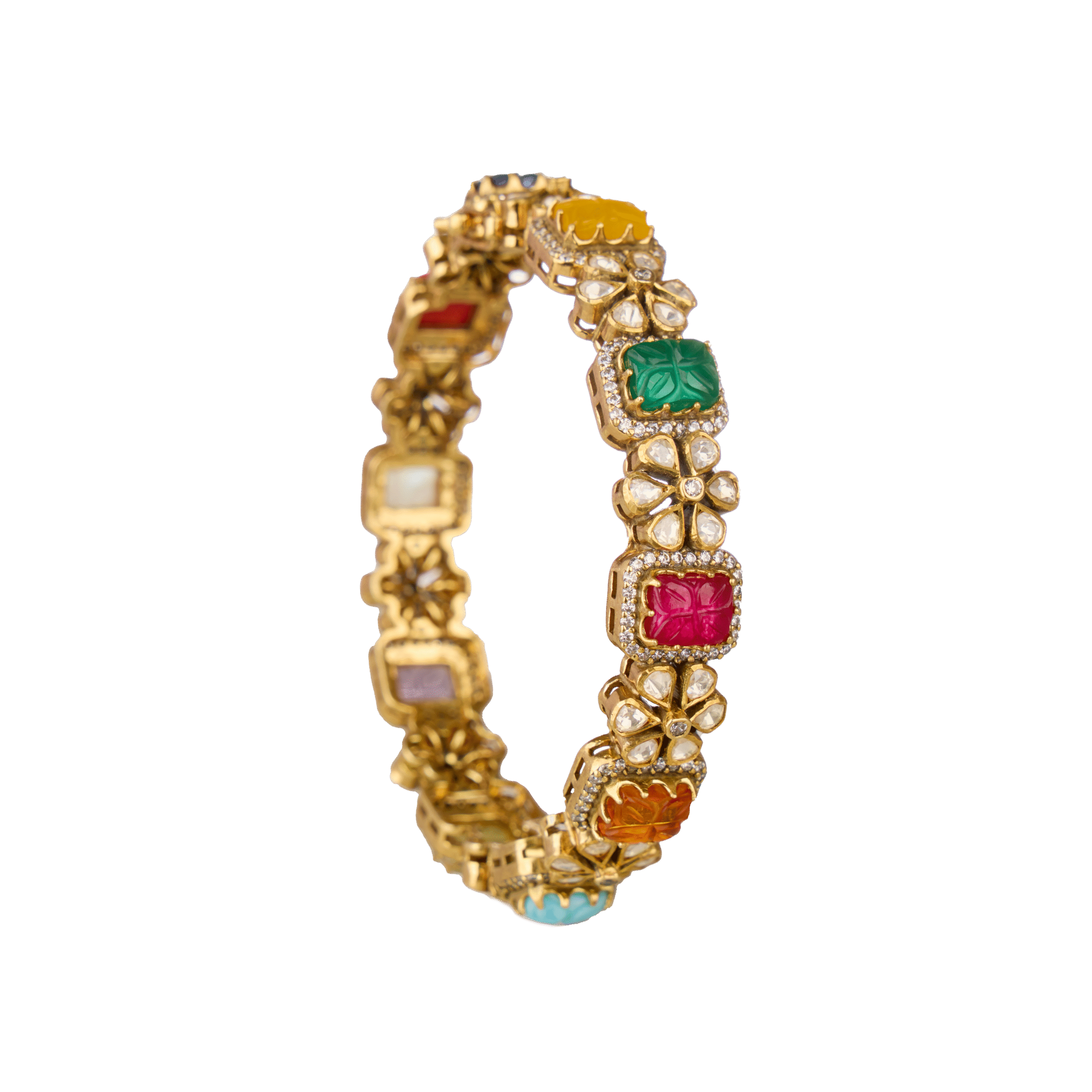 Navratna Carved Stone Bangle in Gold-Plated Silver