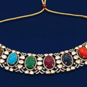 Navratna Silver Necklace Studded with Moissanite, CZ and Coloured Gemstones