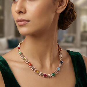 Navaratna 92.5 Sterling Silver Necklace with Moissanite, CZ & Colourstone Embellishments