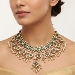 Grand Silver Statement Necklace with Moissanite, CZ & Green Colorstones