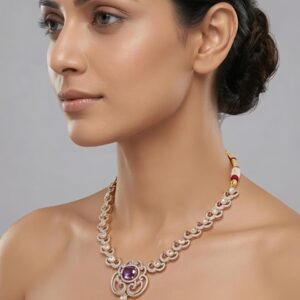 Designer 92.5 Silver Necklace with Moissanite, CZ & Colourstones – Pearl Drop Pendant Style