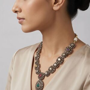 Antique Finish 92.5 Silver Necklace with Moissanite, CZ & Colourstones – Statement Pendant Design