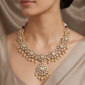 Bridal Style 92.5 Silver Necklace with Moissanite, CZ & Colourstones – Pearl Drop Statement Set