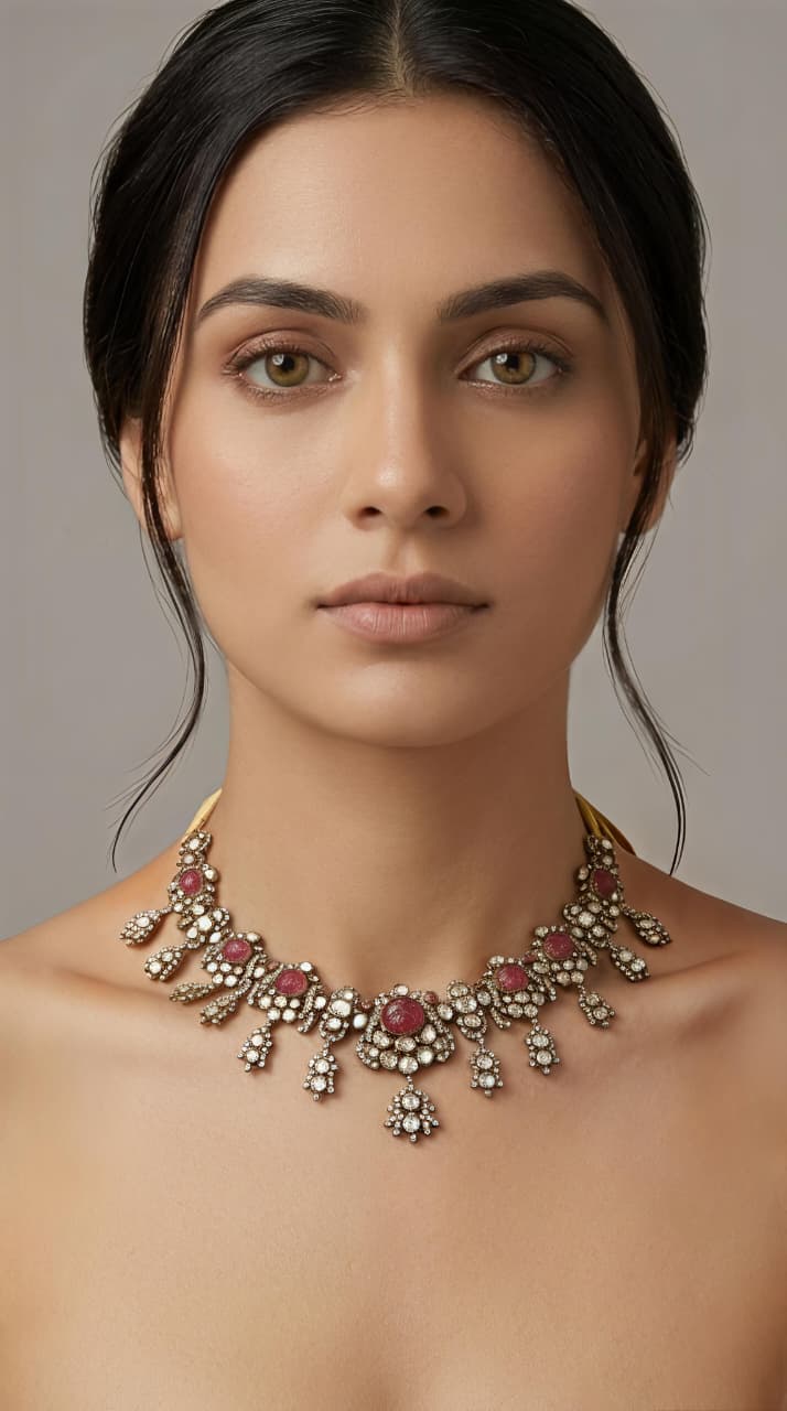 Majestic Ruby-Red Moissanite & CZ Silver Polki Choker - Image 2