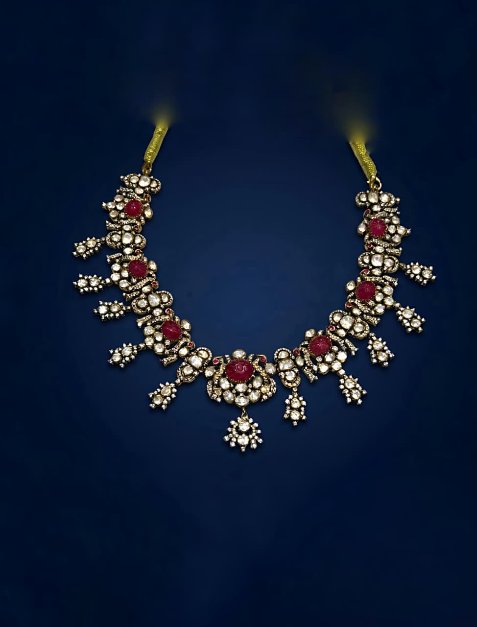 Majestic Ruby-Red Moissanite & CZ Silver Polki Choker