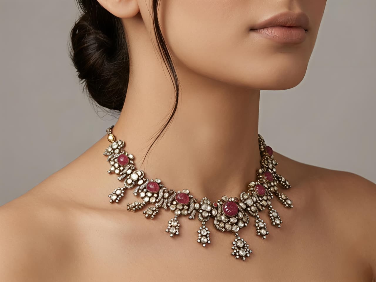 Majestic Ruby-Red Moissanite & CZ Silver Polki Choker - Image 3