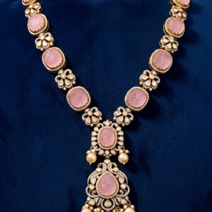 Regal Pink Moissanite & CZ Silver Choker Necklace with Pearl Droplets