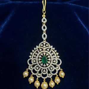 Moissanite & Green Stone Silver Maang Tikka with Pearl Drops