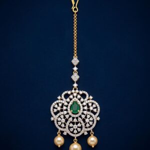 Classic Silver Maang Tikka with Moissanite, CZ & Green Colourstone with Pearl Drops