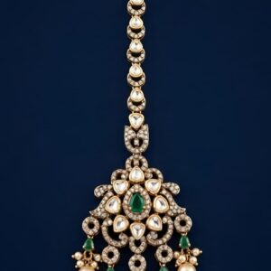 Silver Maang Tikka with Moissanite, CZ, Green Stones & Pearl Drops