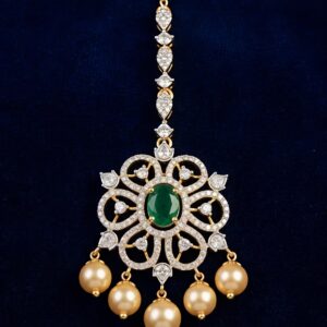 Floral Silver Maang Tikka with Moissanite, CZ & Green Colourstone with Pearl Drops