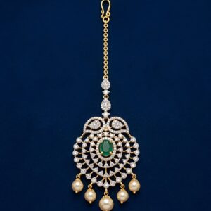 Elegant Silver Maang Tikka with Moissanite, CZ & Green Colourstone Accent