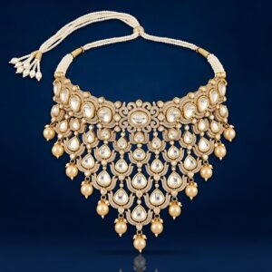Kundan-Style Moissanite Silver Choker Necklace with Pearl Drops