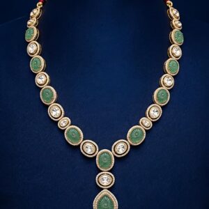 Green Stone & Moissanite Silver Long Necklace
