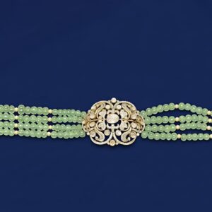 Green Beaded Choker Multi-Strand Silver Necklace with Moissanite Center