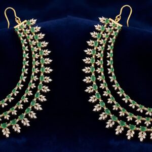 Regal Emerald & Moissanite Triple-Strand Silver Ear-Chain (Sahare) – Handcrafted Luxury