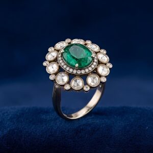 Silver Ring with Green Stone & Moissanite Halo