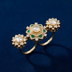 Silver Triple Floral Ring with Moissanite & Colour Stones