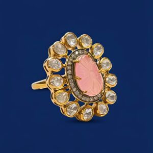 Floral Pink Stone Moissanite & CZ Silver Ring