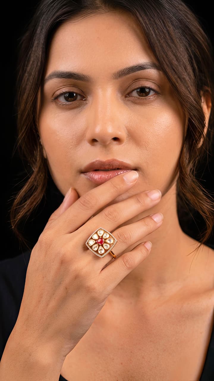Floral Silver Ring with Moissanite & Ruby Stone - Image 2