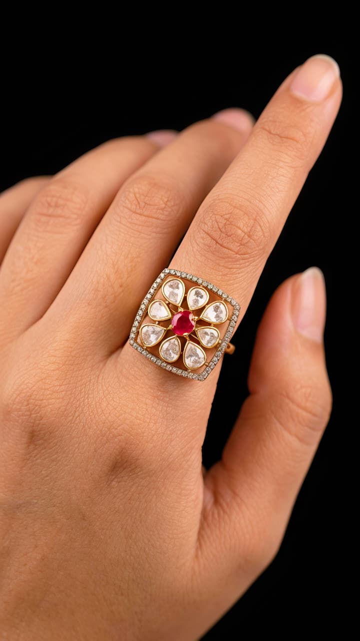 Floral Silver Ring with Moissanite & Ruby Stone - Image 3