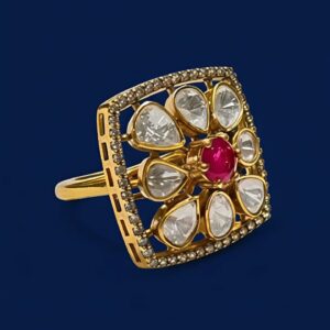 Floral Silver Ring with Moissanite & Ruby Stone