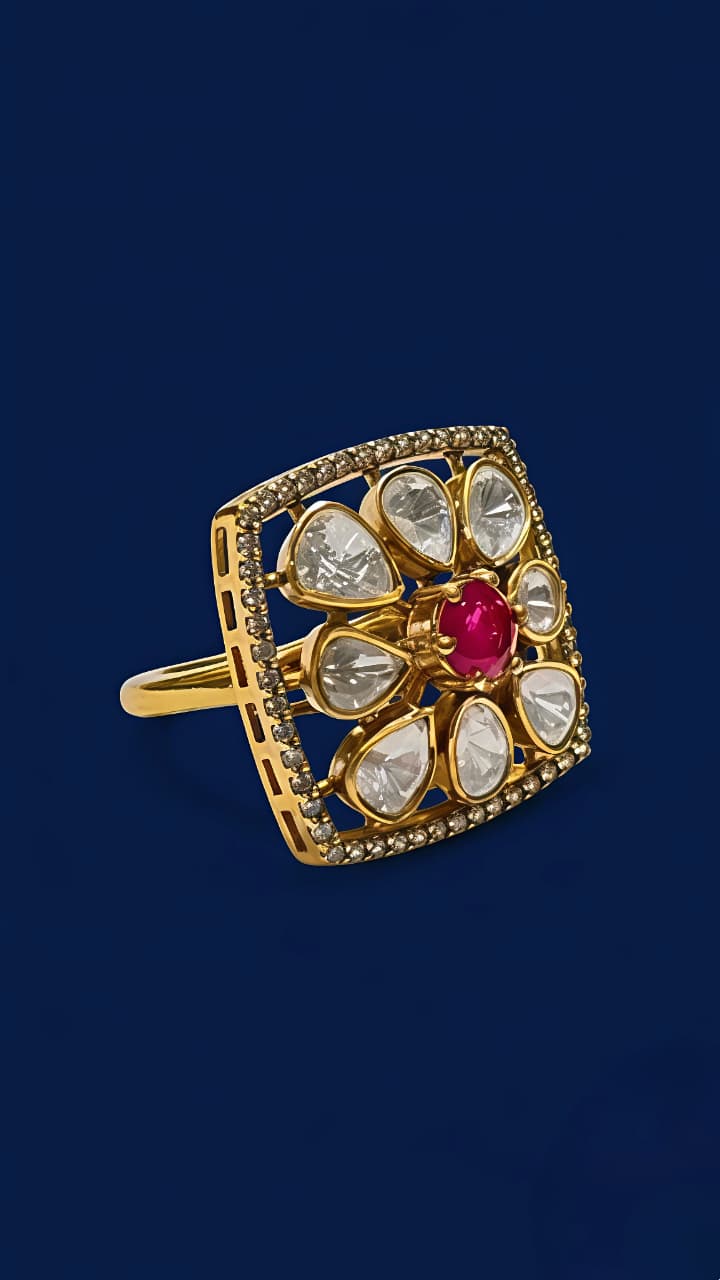 Floral Silver Ring with Moissanite & Ruby Stone