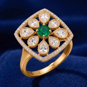 Square Floral Silver Ring with Moissanite, CZ & Green Stone