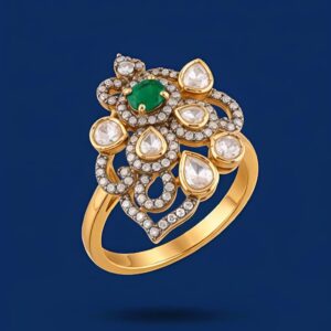 Designer Silver Ring with Moissanite, CZ & Green Stone